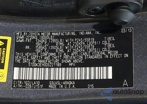 2013 Toyota Highlander Limited V6 z USA, uszkodzony, nr VIN 5TDDK3EH0DS221189